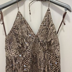 Designer Evening Gown with Halter Top in Snake Print with Scattered Sequins.